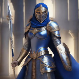 A female paladin with a mask and helmet, wearing blue and silver armor