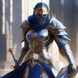 A female paladin with a mask and helmet, wearing blue and silver armor