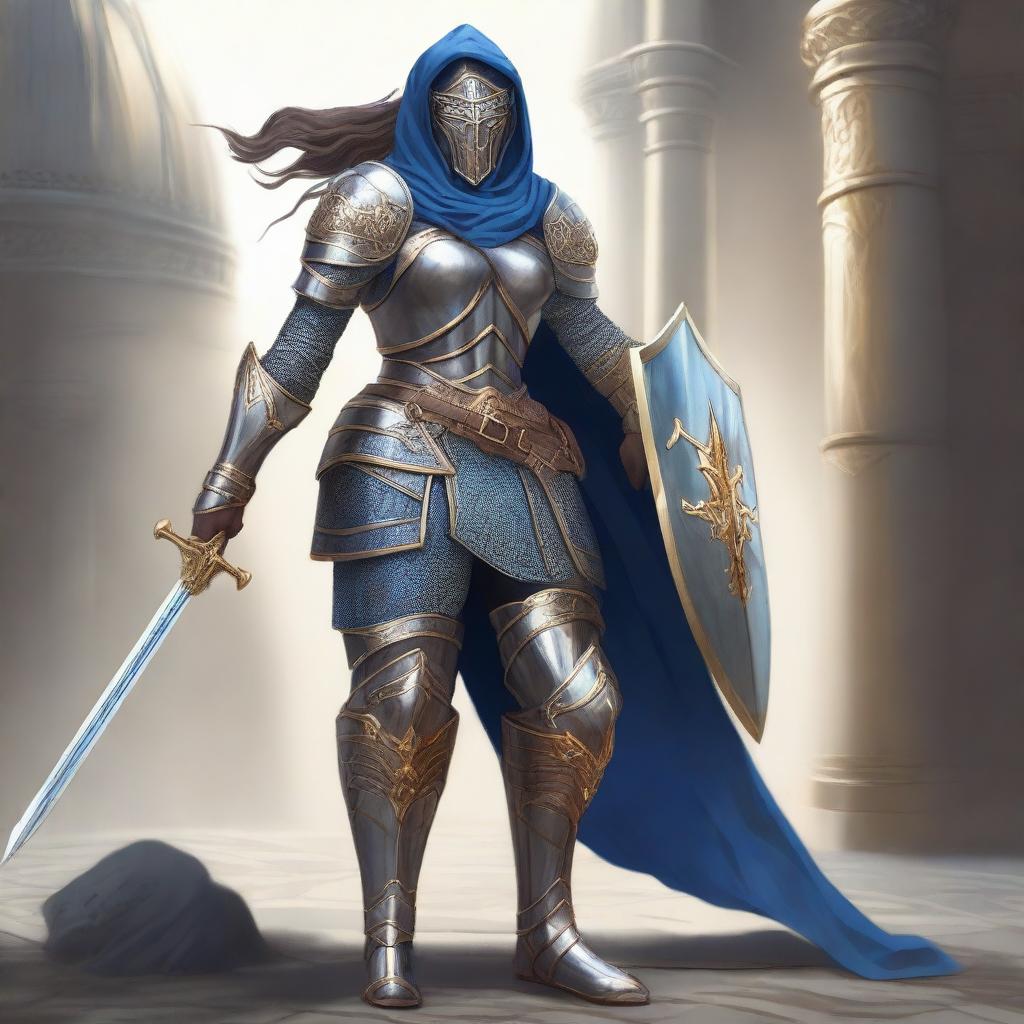 A female paladin with a mask and helmet, wearing blue and silver armor