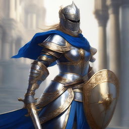 A female paladin with a mask and helmet, wearing blue and silver armor