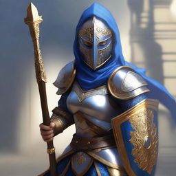 A female paladin with a mask and helmet, wearing blue and silver armor