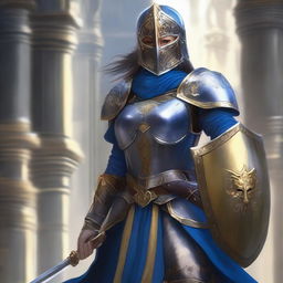 A female paladin with a mask and helmet, wearing blue and silver armor