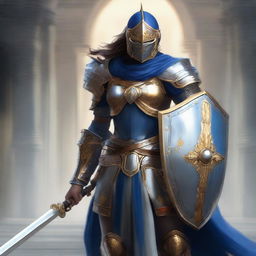 A female paladin with a mask and helmet, wearing blue and silver armor