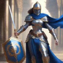 A female paladin with a mask and helmet, wearing blue and silver armor