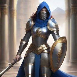 A female paladin with a mask and helmet, wearing blue and silver armor