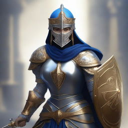 A female paladin with a mask and helmet, wearing blue and silver armor