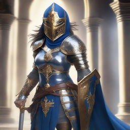 A female paladin with a mask and helmet, wearing blue and silver armor