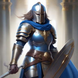 A female paladin with a mask and helmet, wearing blue and silver armor