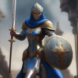 A female paladin with a mask and helmet, wearing blue and silver armor