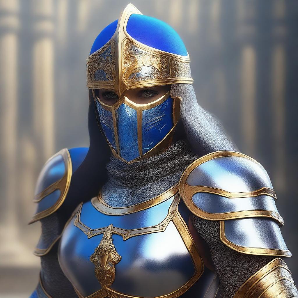 A female paladin with a mask and helmet, wearing blue and silver armor