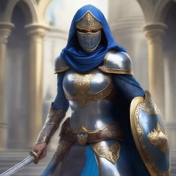 A female paladin with a mask and helmet, wearing blue and silver armor