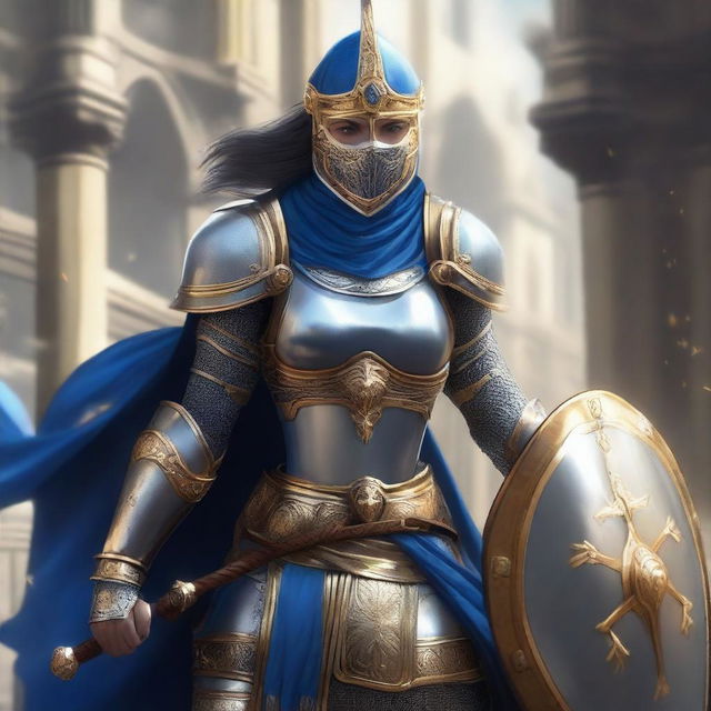 A female paladin with a mask and helmet, wearing blue and silver armor