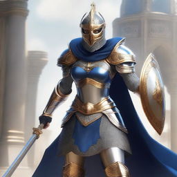 A female paladin with a mask and helmet, wearing blue and silver armor