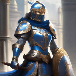 A female paladin with a mask and helmet, wearing blue and silver armor