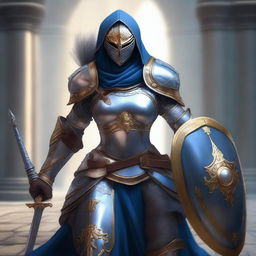 A female paladin with a mask and helmet, wearing blue and silver armor