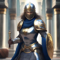 A female paladin with a mask and helmet, wearing blue and silver armor