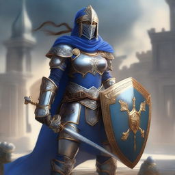 A female paladin with a mask and helmet, wearing blue and silver armor