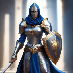 A female paladin with a mask and helmet, wearing blue and silver armor