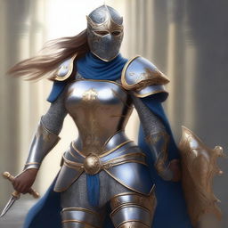 A female paladin with a mask and helmet, wearing blue and silver armor