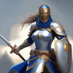 A female paladin with a mask and helmet, wearing blue and silver armor