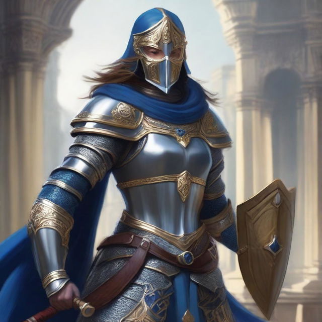 A female paladin with a mask and helmet, wearing blue and silver armor