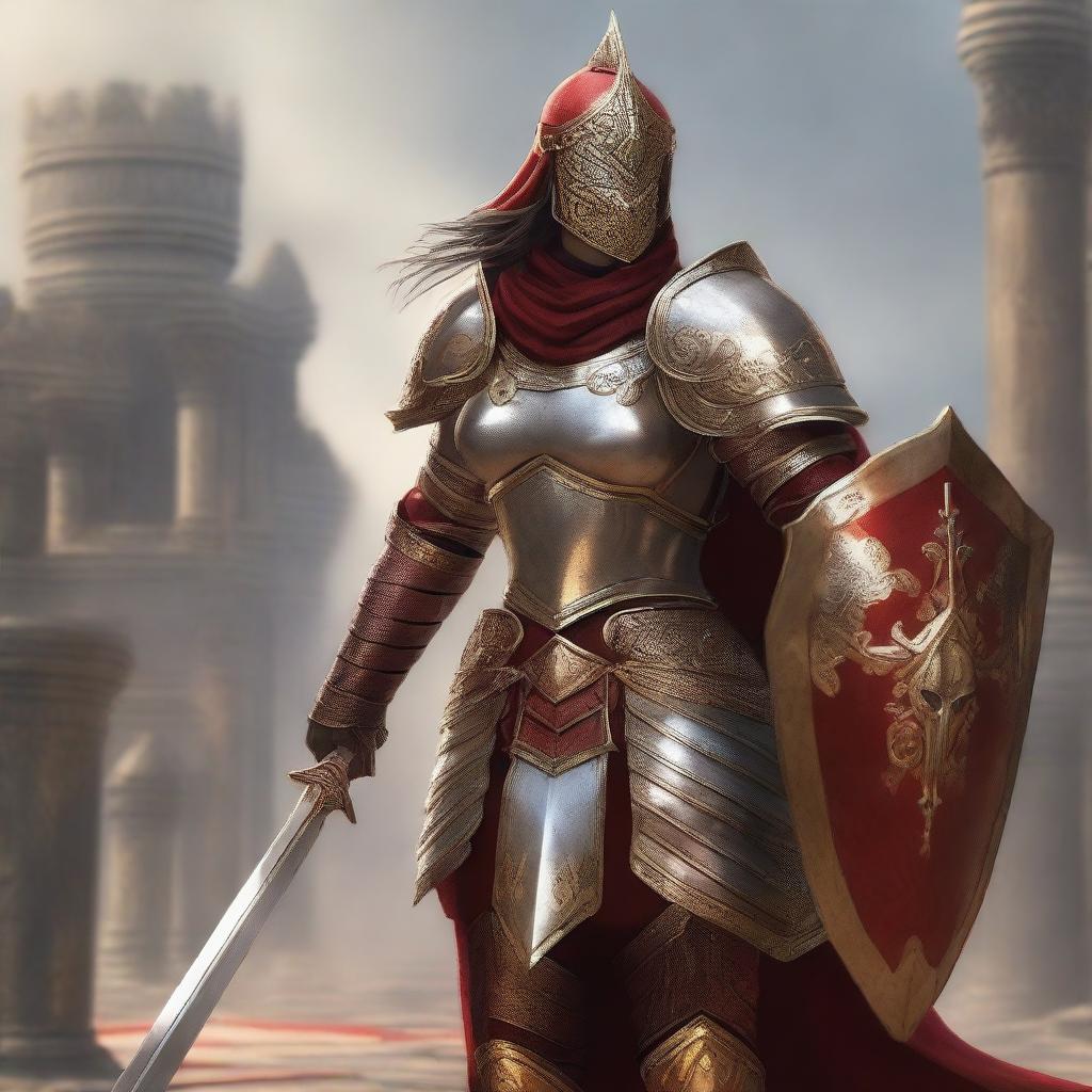 A female paladin with a mask and helmet, wearing red and silver armor