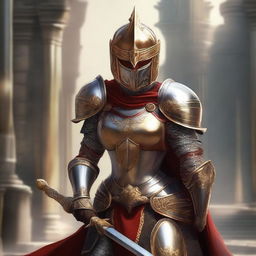 A female paladin with a mask and helmet, wearing red and silver armor