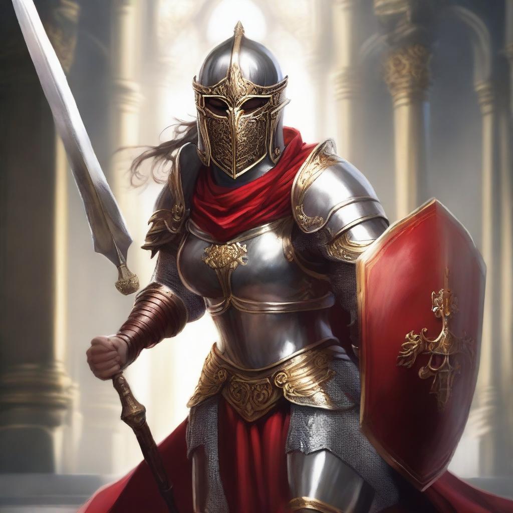 A female paladin with a mask and helmet, wearing red and silver armor