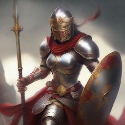 A female paladin with a mask and helmet, wearing red and silver armor