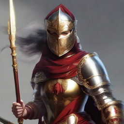 A female paladin with a mask and helmet, wearing red and silver armor