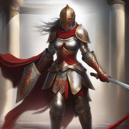 A female paladin with a mask and helmet, wearing red and silver armor