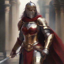 A female paladin with a mask and helmet, wearing red and silver armor