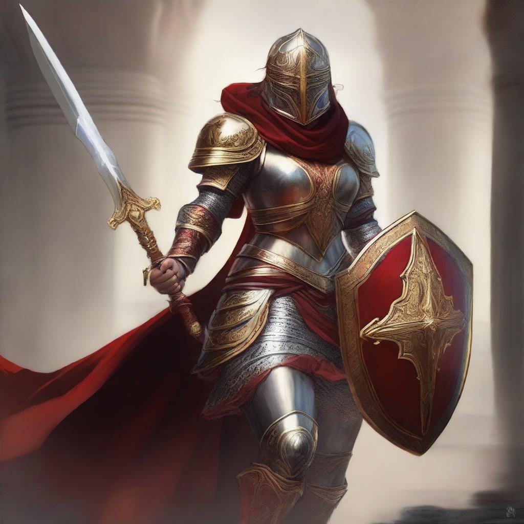 A female paladin with a mask and helmet, wearing red and silver armor