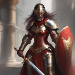 A female paladin with a mask and helmet, wearing red and silver armor