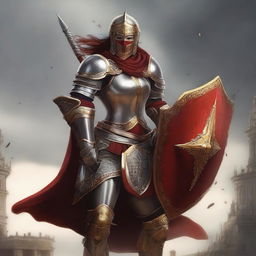 A female paladin with a mask and helmet, wearing red and silver armor