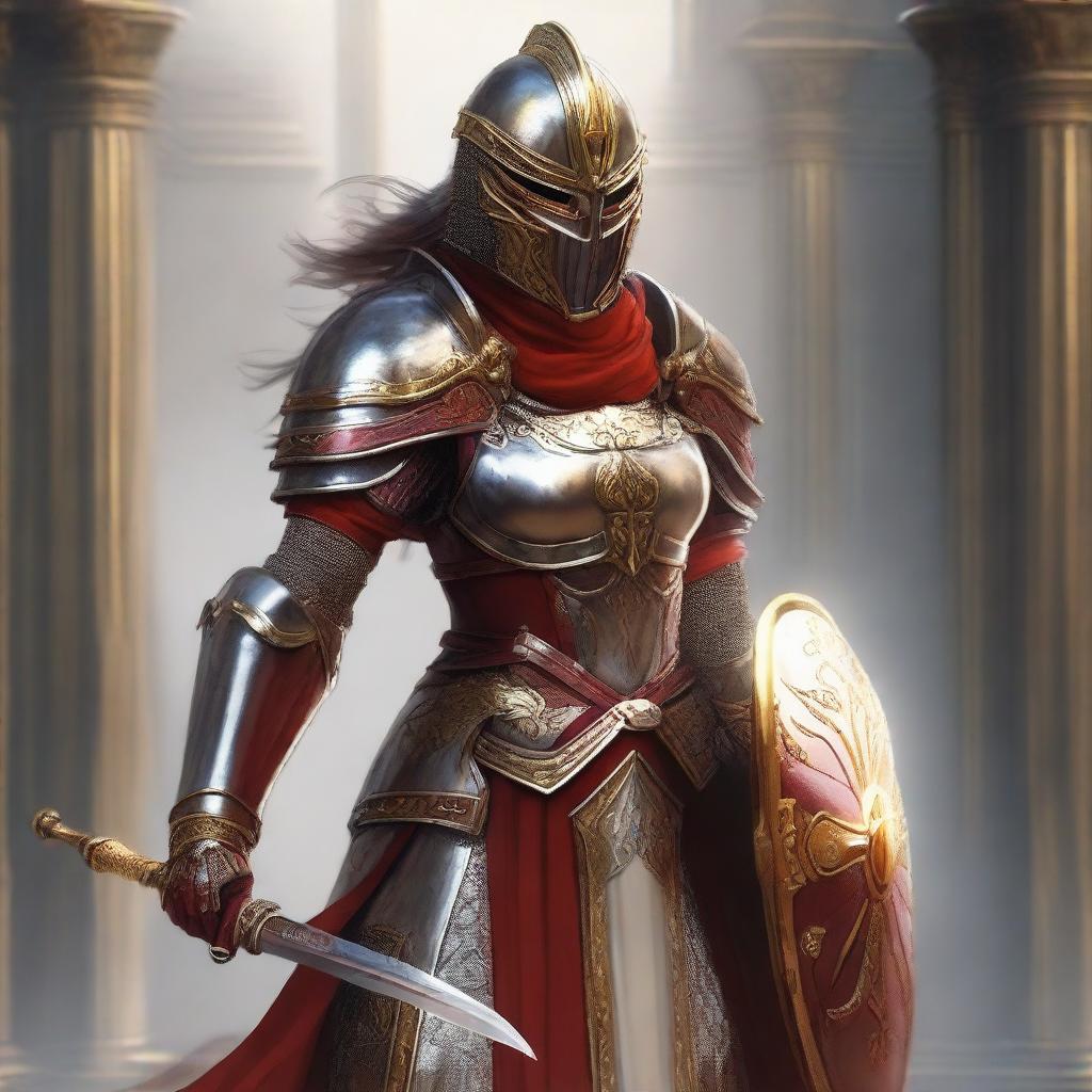 A female paladin with a mask and helmet, wearing red and silver armor