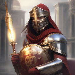 A female paladin with a mask and helmet, wearing red and silver armor