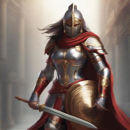 A female paladin with a mask and helmet, wearing red and silver armor