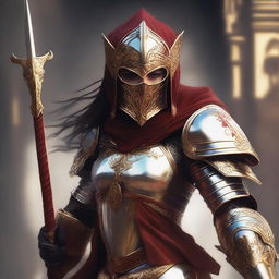 A female paladin with a mask and helmet, wearing red and silver armor