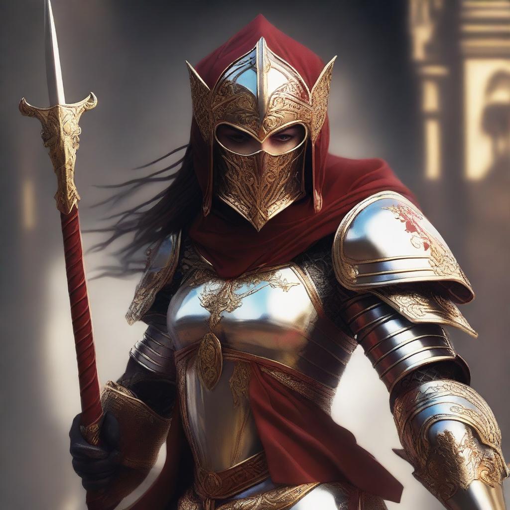 A female paladin with a mask and helmet, wearing red and silver armor