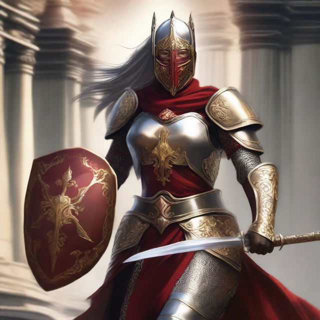 A female paladin with a mask and helmet, wearing red and silver armor