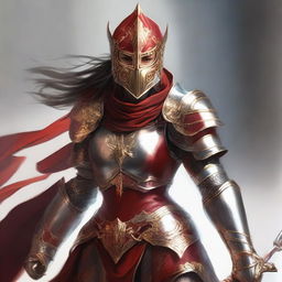 A female paladin with a mask and helmet, wearing red and silver armor