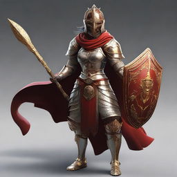 A female paladin with a mask and helmet, wearing red and silver armor