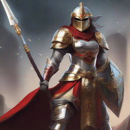 A female paladin with a mask and helmet, wearing red and silver armor