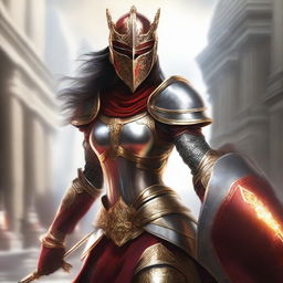 A female paladin with a mask and helmet, wearing red and silver armor