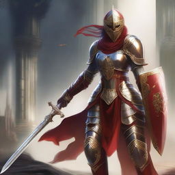 A female paladin with a mask and helmet, wearing red and silver armor