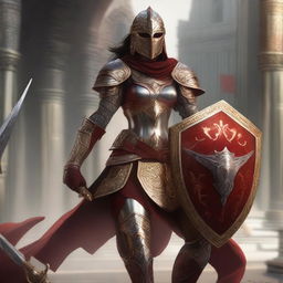 A female paladin with a mask and helmet, wearing red and silver armor