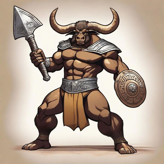 A long-horned minotaur wielding a large sword and a massive maul