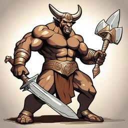 A long-horned minotaur wielding a large sword and a massive maul