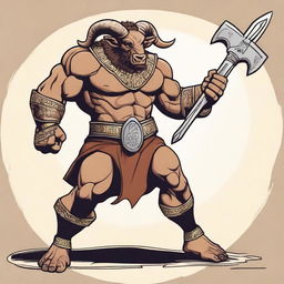 A long-horned minotaur wielding a large sword and a massive maul